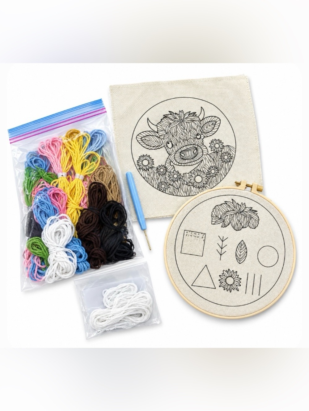 Punch Needle Starter Kit with Cream Fabric and Multicolor Threads